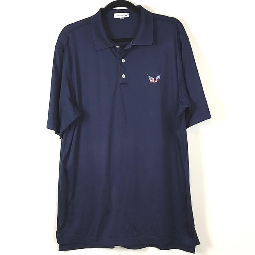 Peter Millar Mens Navy Embroidered Flag Polo Shirt Size L Preppy Golf Office